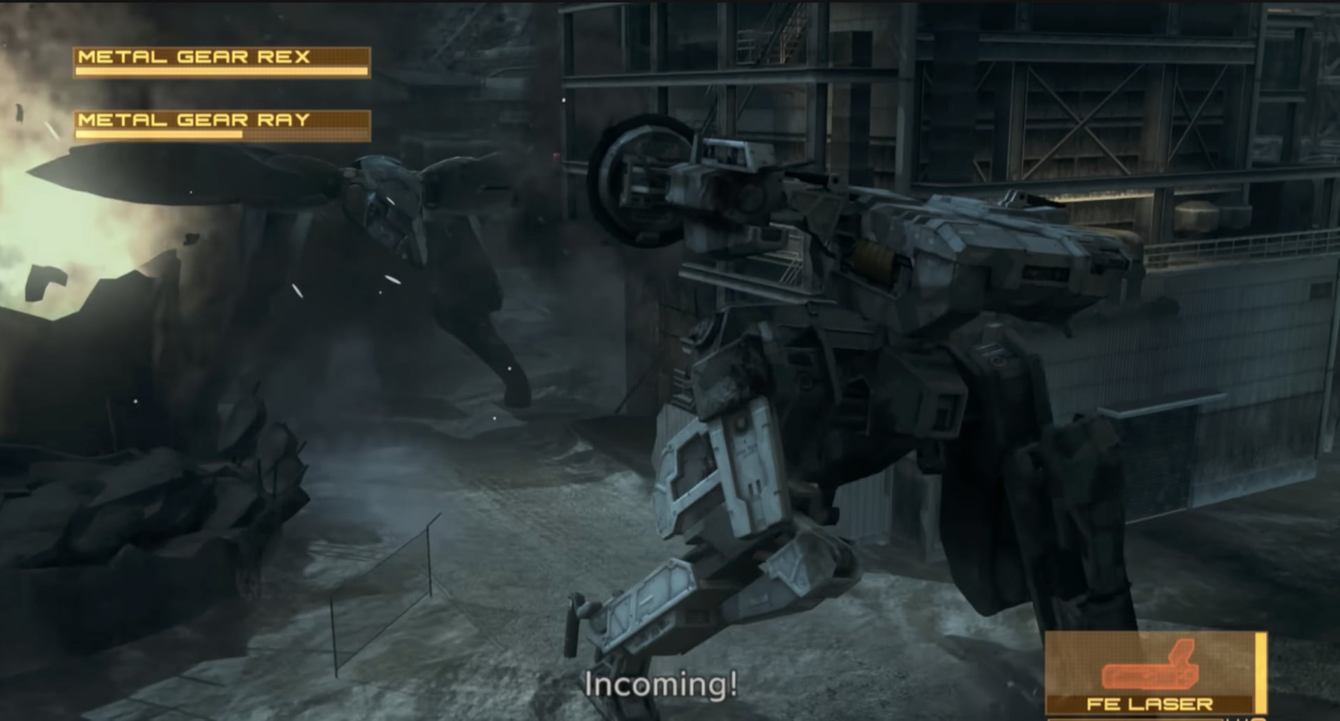 A mech appears in the dark. 