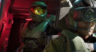 Master Chief stands in a shuttle.