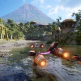A podracer flies through a river.