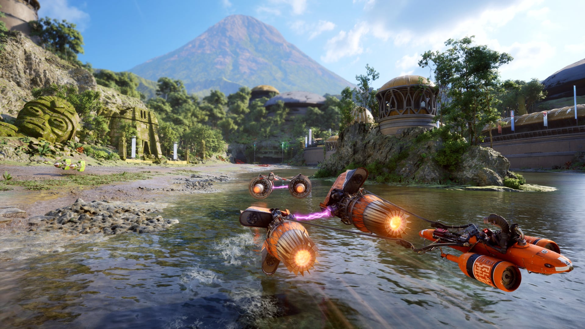 A podracer flies through a river.