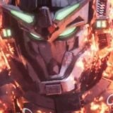A Gundam is on fire.
