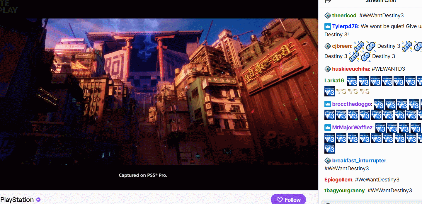 A Twitch chat shows calls for D3.