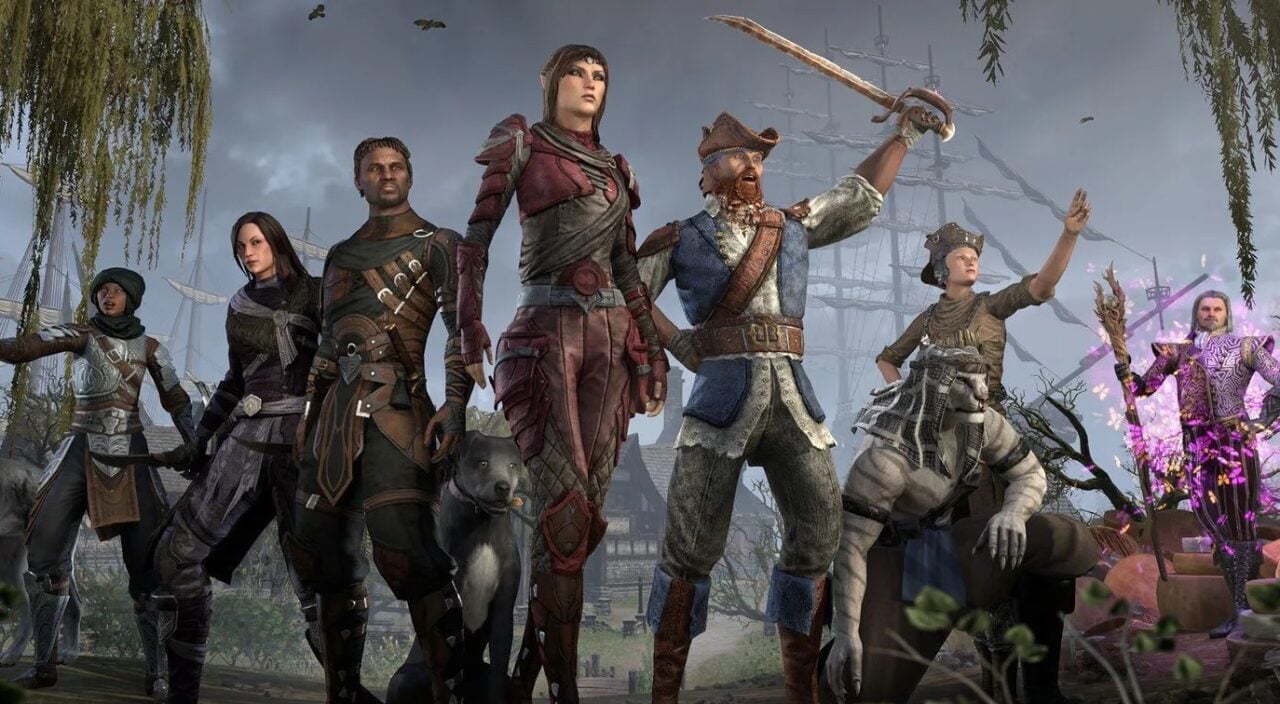 The Elder Scrolls characters appear in a line.
