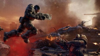 Marcus Fenix jumps over a gap.