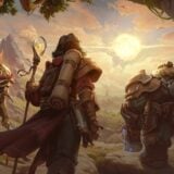 Fantasy characters head toward a sunset.