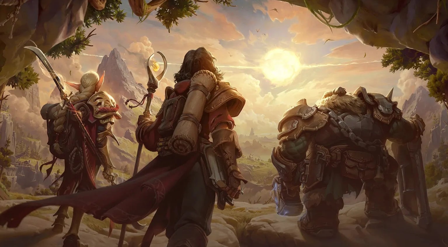 Fantasy characters head toward a sunset.