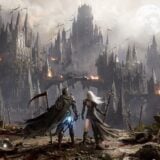 Two warriors look out at medieval ruins.