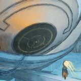 A small robot looks up at a big eye.