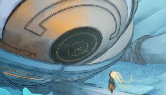 A small robot looks up at a big eye.