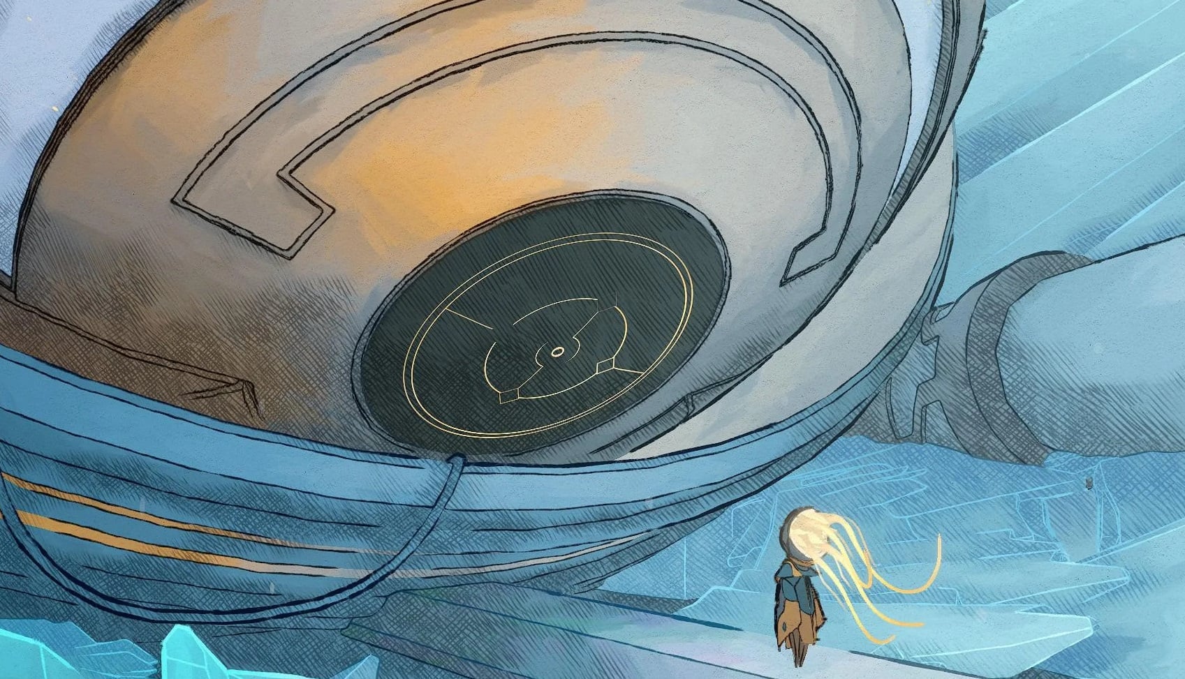 A small robot looks up at a big eye.