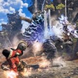 A hunter fires a cannon at a monster.