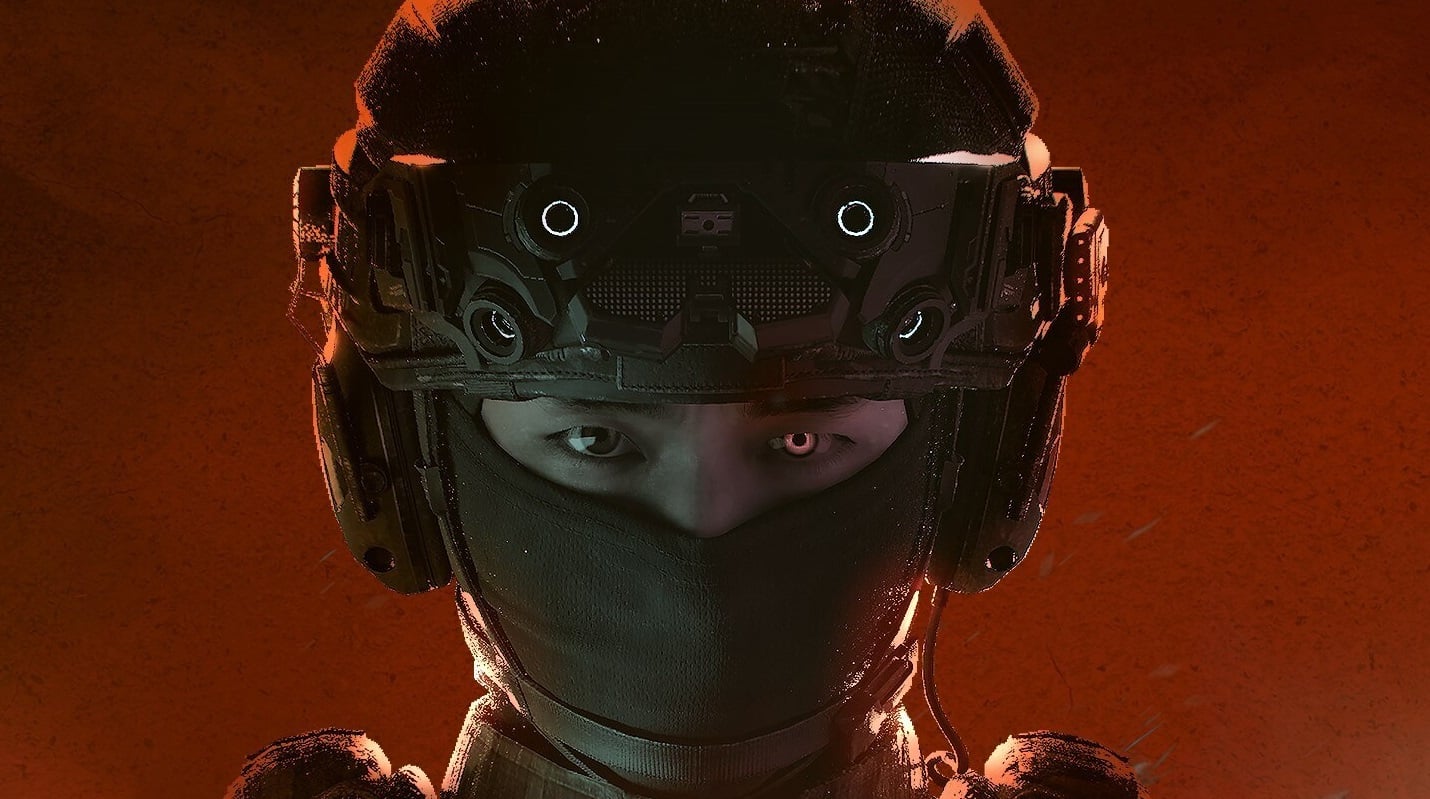 A person in a SWAT outfit appears in front of red.