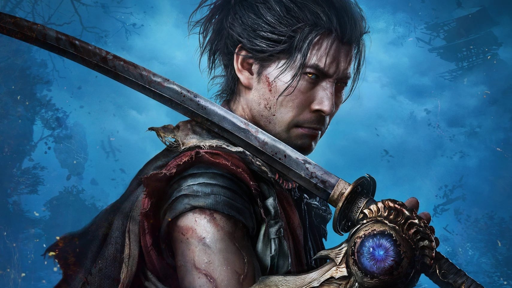 A mysterious warrior holds up his sword.