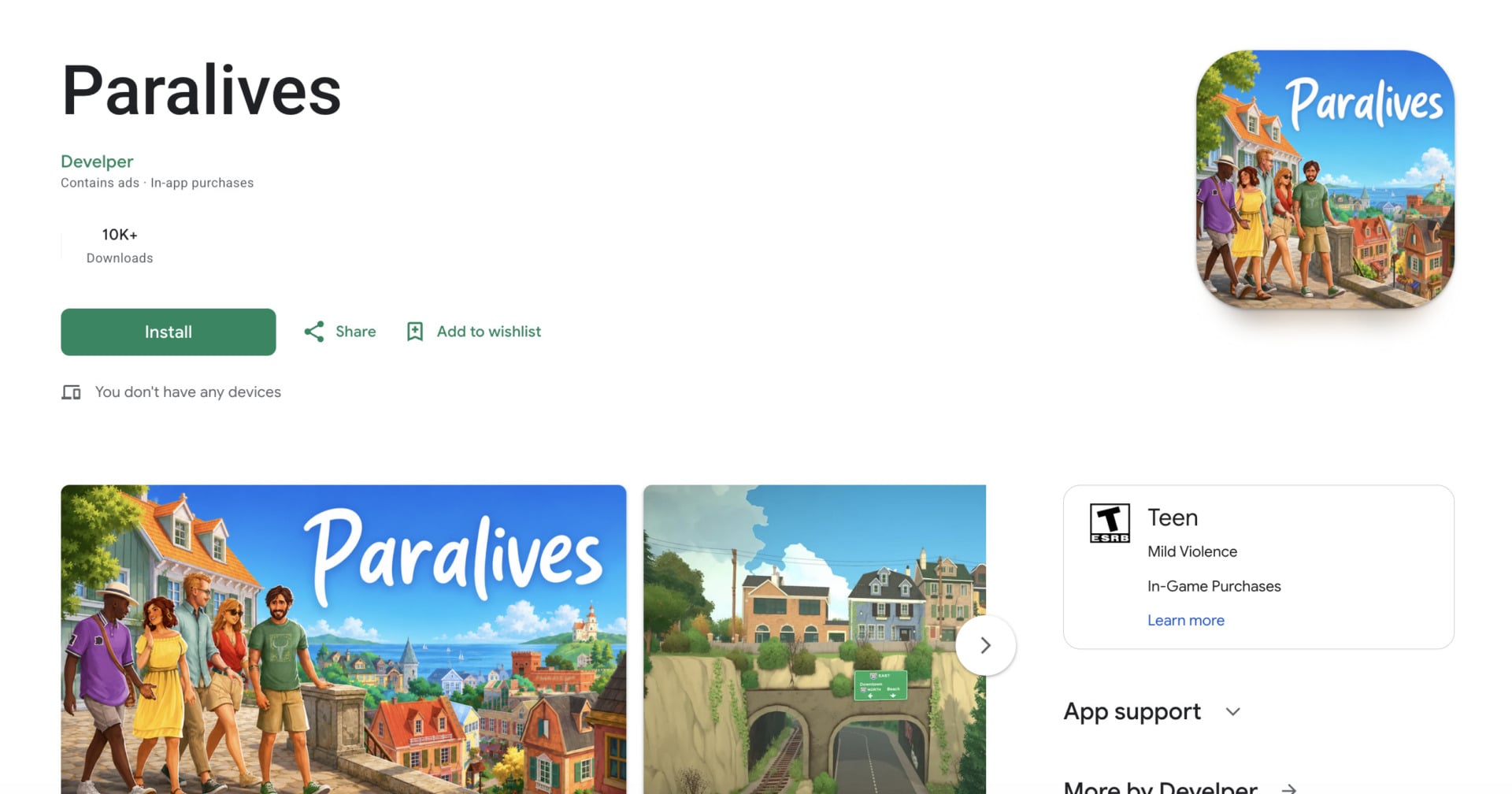 A screenshot of a Paralives clone with 10,000 downloads on the Google Play store.