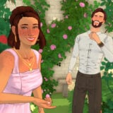 Screenshot from Paralives featuring two Paras laughing in front of a wall of flowers.