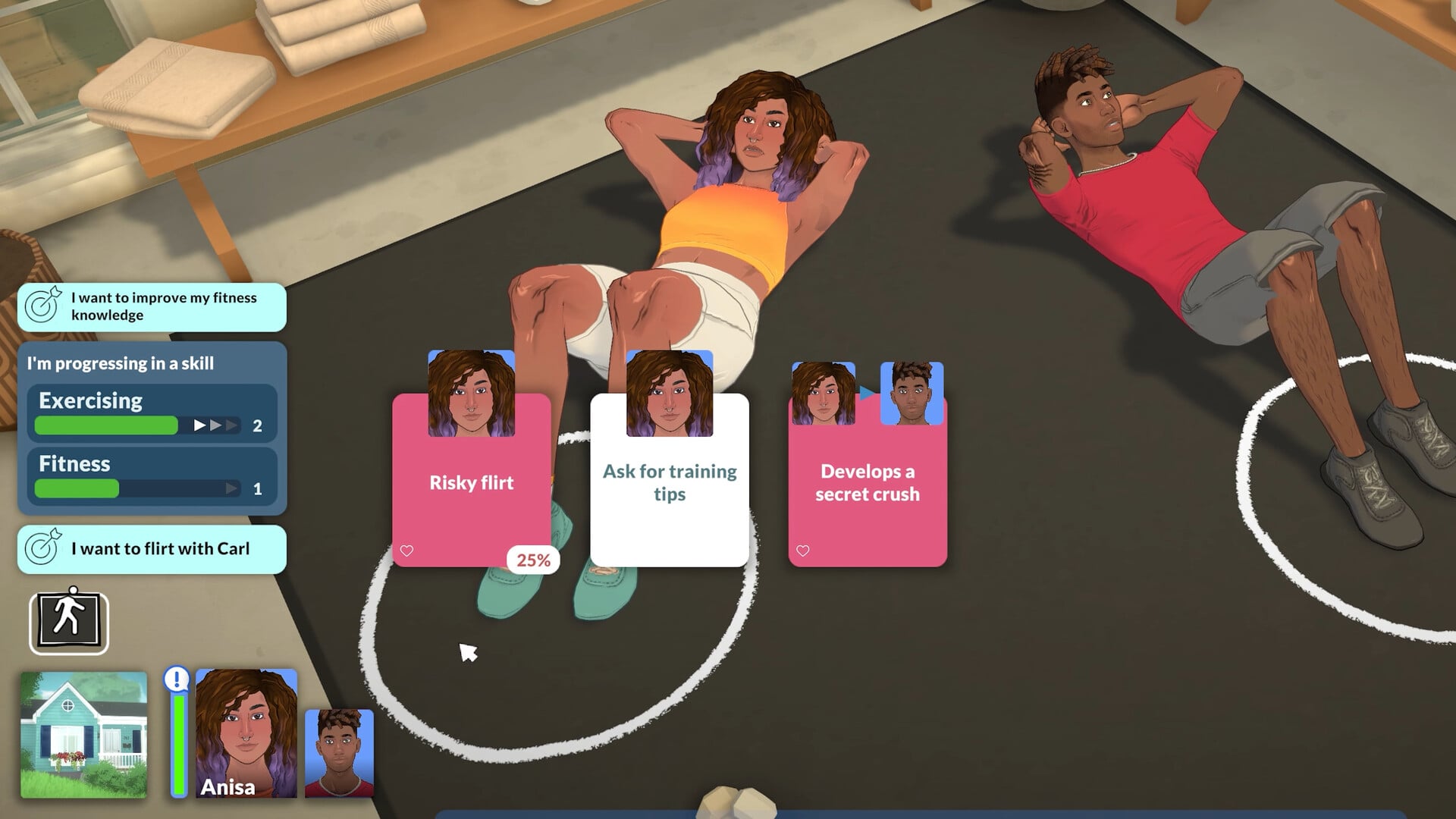 Screenshot from Paralives featuring two Paras working out together with options on the screen for a female Para to flirt with her male exercise partner.
