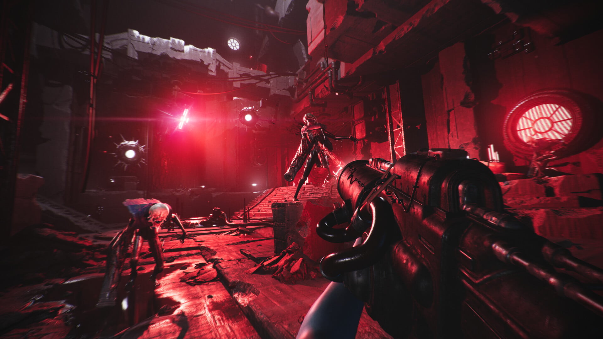 A gun is pointed at red-glowing enemies.