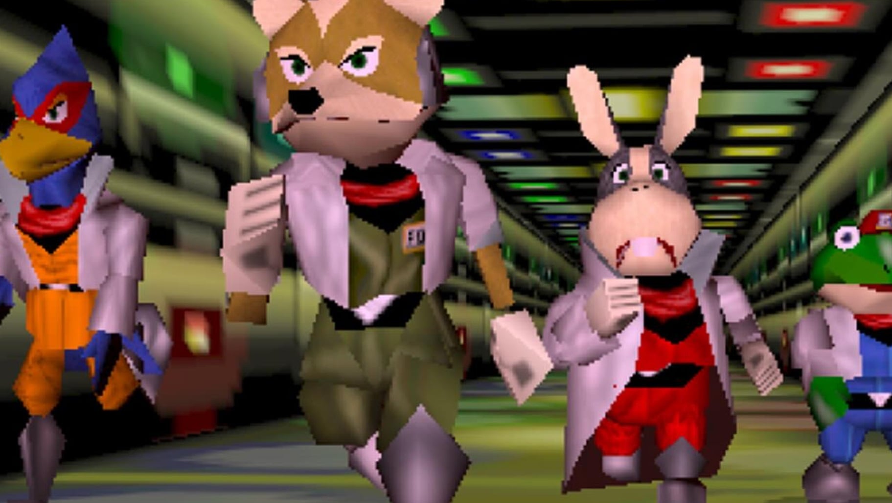 Fox McCloud and the gang run down a hallway.