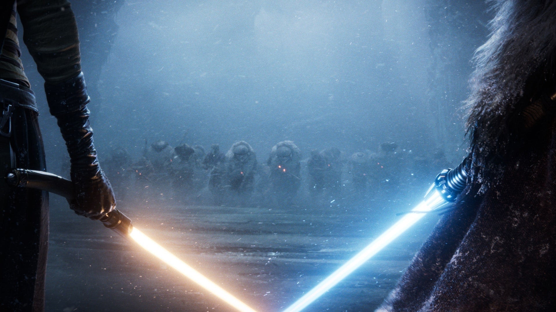 Light sabers appear in a dark area.