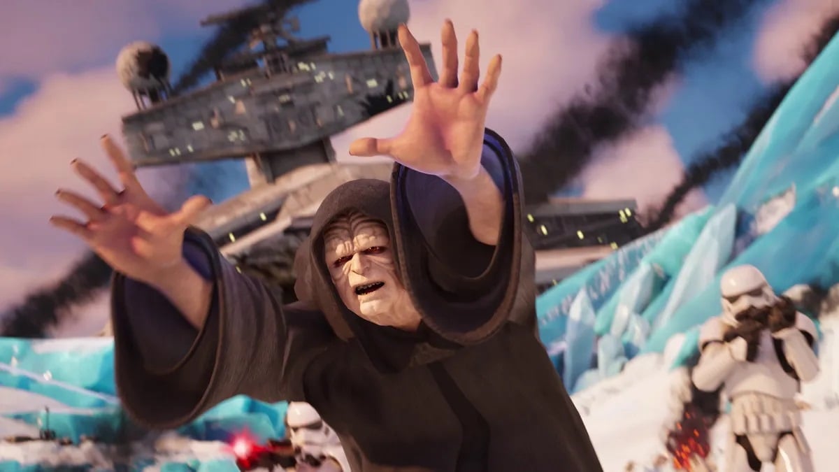 The Emperor appears in front of a Star Destroyer.