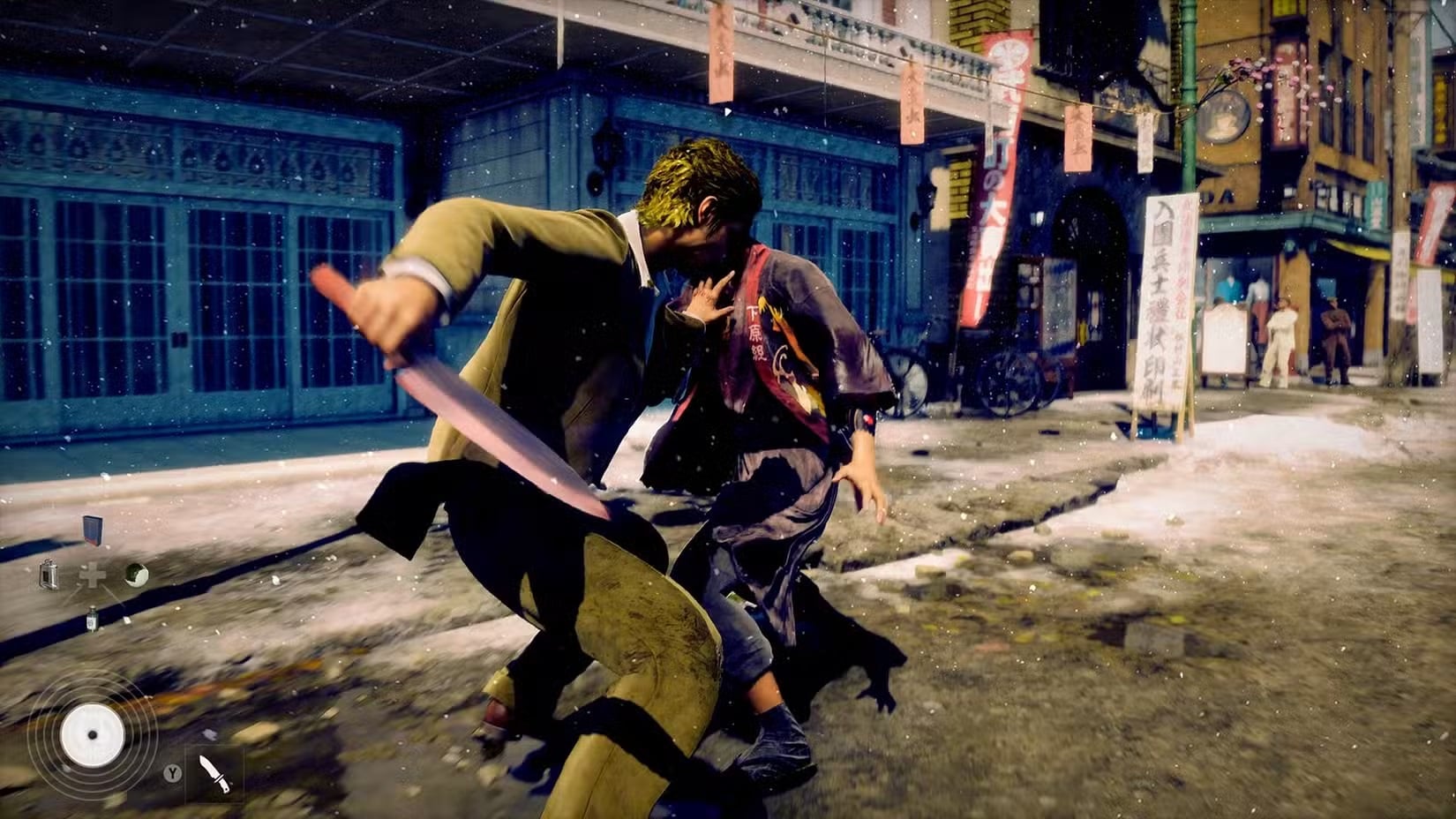 A man knife fights with another in the street.