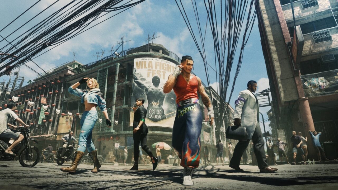 Fighters line up outside on a street.