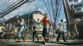 Fighters line up outside on a street.