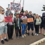 Photo from a protest outside of Build a Rocket Boy studios