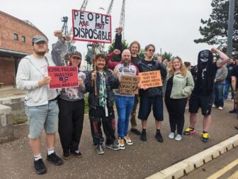 Photo from a protest outside of Build a Rocket Boy studios