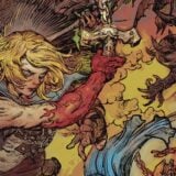 Art shows a woman fighting a Harpy.