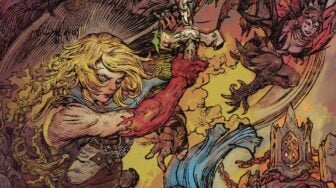 Art shows a woman fighting a Harpy.