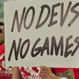 Photo from a protest in Maryland at ZeniMax studios