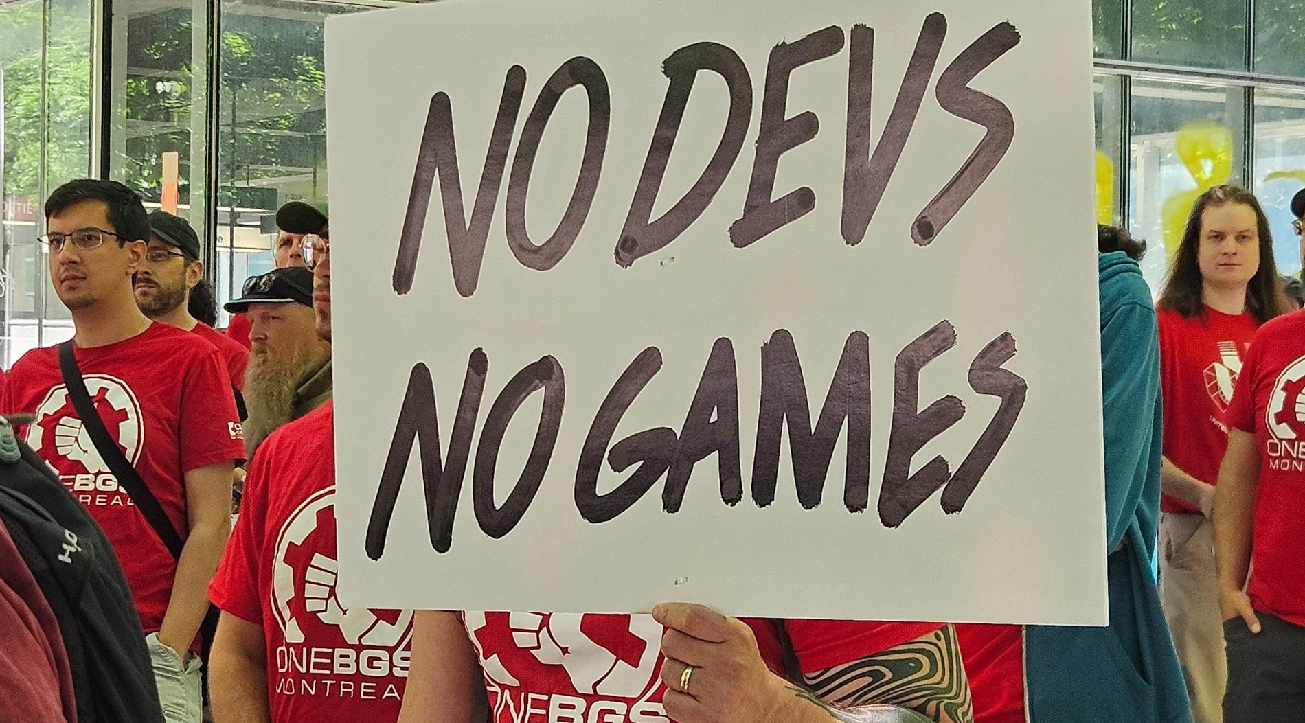 Photo from a protest in Maryland at ZeniMax studios