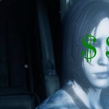 A screenshot of Cortana in Halo 4 with dollar signs over her eyes