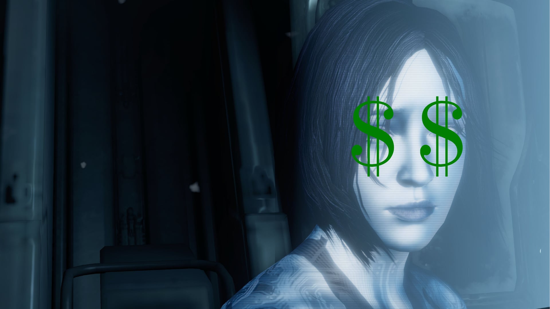 A screenshot of Cortana in Halo 4 with dollar signs over her eyes