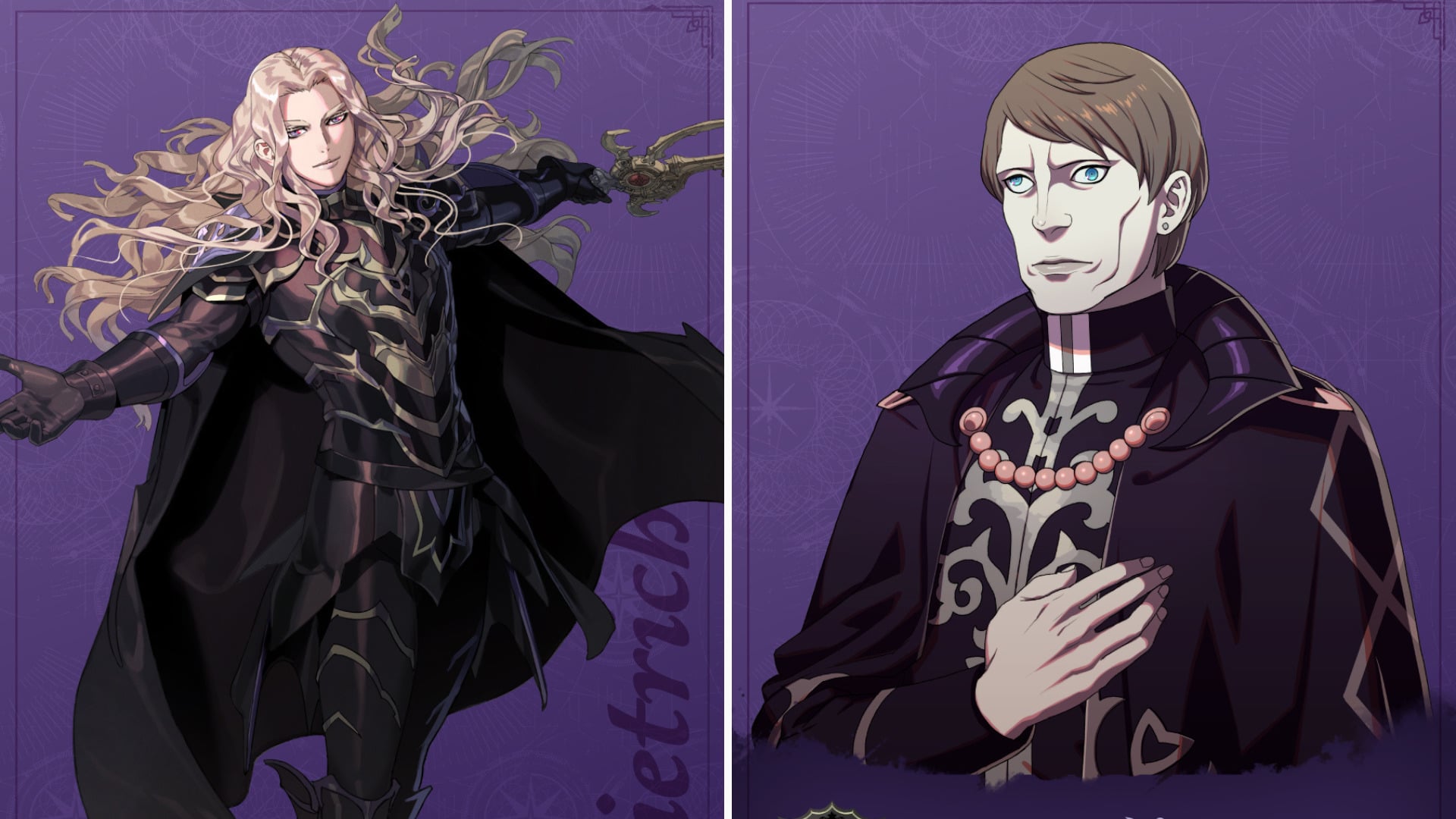 Graphic from Fire Emblem Fortune's Weave featuring side-by-side pictures of Deitrich and Fabio