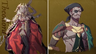 Graphic from Fire Emblem Fortune's Weave featuring side-by-side pictures of Theodora and Bonaparte