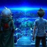 Two anime characters look out at a blue background.
