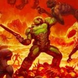 Art shows Doom Slayer killing demons.