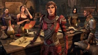 The Elder Scrolls characters sit at a table.