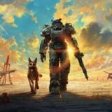 A man in power armor and a dog walk the wasteland.