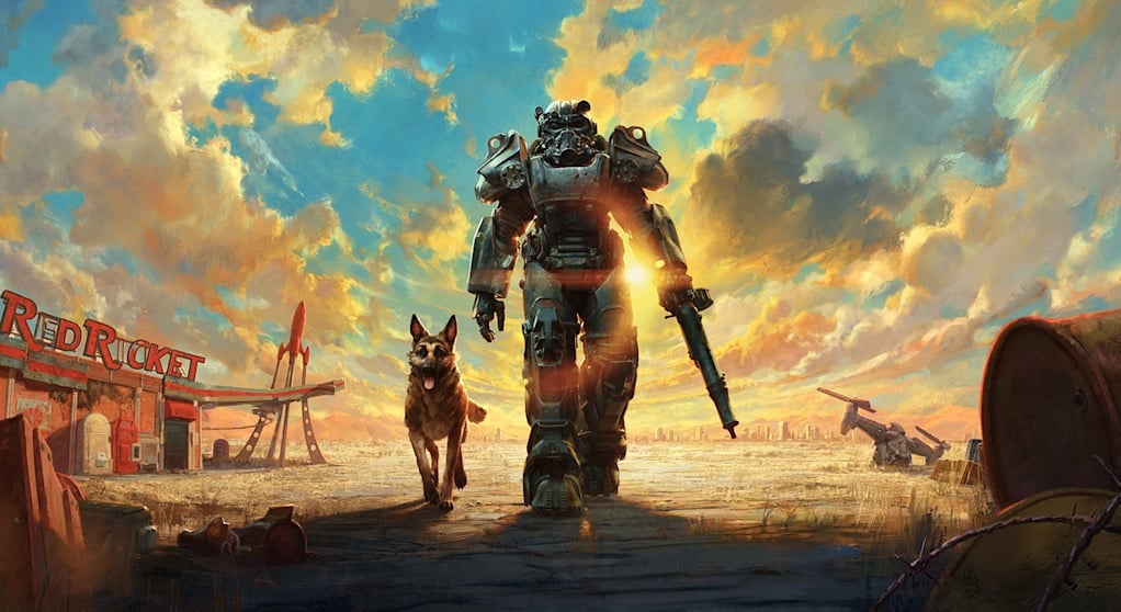A man in power armor and a dog walk the wasteland.