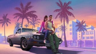 Two characters sit on the hood of a car.