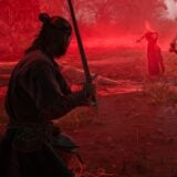 A man faces enemies in front of a red glow.