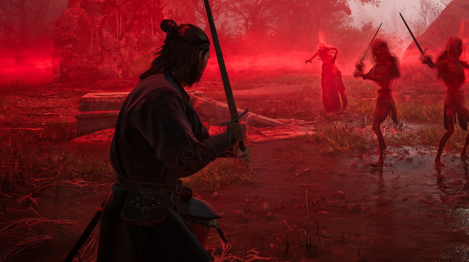 A man faces enemies in front of a red glow.