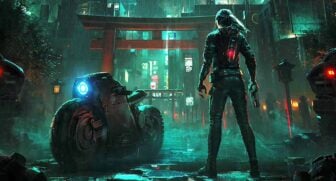 A Cyberpunk woman stares at a menacing skyscraper.