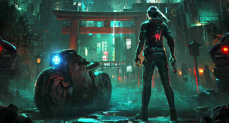 A Cyberpunk woman stares at a menacing skyscraper.