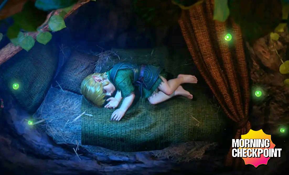 Link sleeps in a bed.