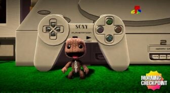 Sack Boy stands in front of a PlayStation console.
