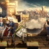 Anime characters stand on a castle wall.